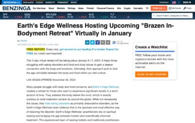 Screenshot of an article titled: Earth's Edge Wellness Hosting Upcoming "Brazen In-Bodyment Retreat" Virtually in January