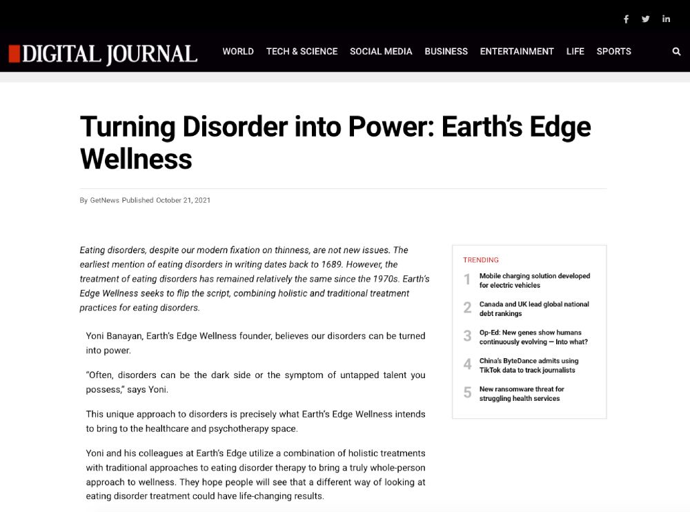 Screenshot of an article titled: Turning Disorder into Power: Earth’s Edge Wellness
