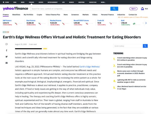 Screenshot of an article titled: Earth's Edge Wellness Offers Virtual and Holistic Treatment for Eating Disorders