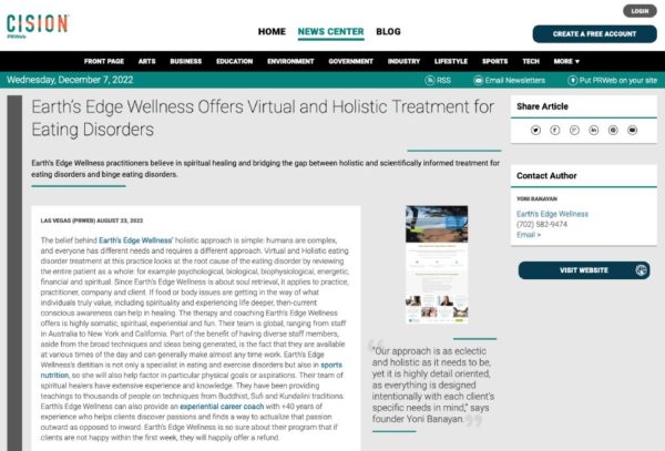 Screenshot of an article titled: Earth’s Edge Wellness Offers Virtual and Holistic Treatment for Eating Disorders