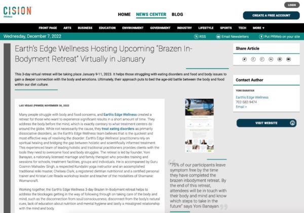 Screenshot of an article titled: Earth’s Edge Wellness Hosting Upcoming “Brazen In-Bodyment Retreat” Virtually in January