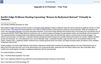 Screenshot of an article titled: Earth's Edge Wellness Hosting Upcoming 'Brazen In-Bodyment Retreat' Virtually in January