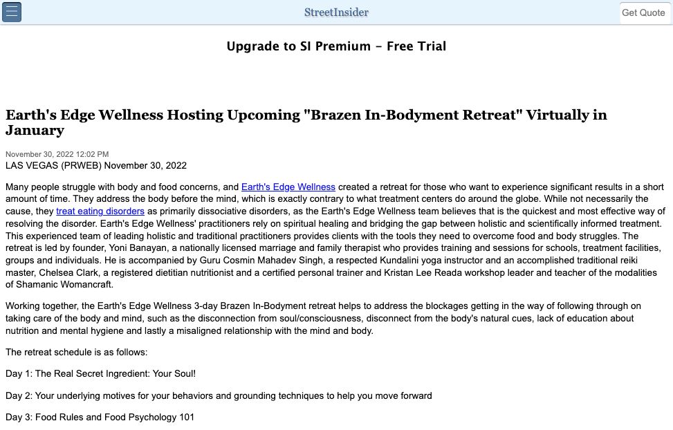 Screenshot of an article titled: Earth's Edge Wellness Hosting Upcoming 'Brazen In-Bodyment Retreat' Virtually in January