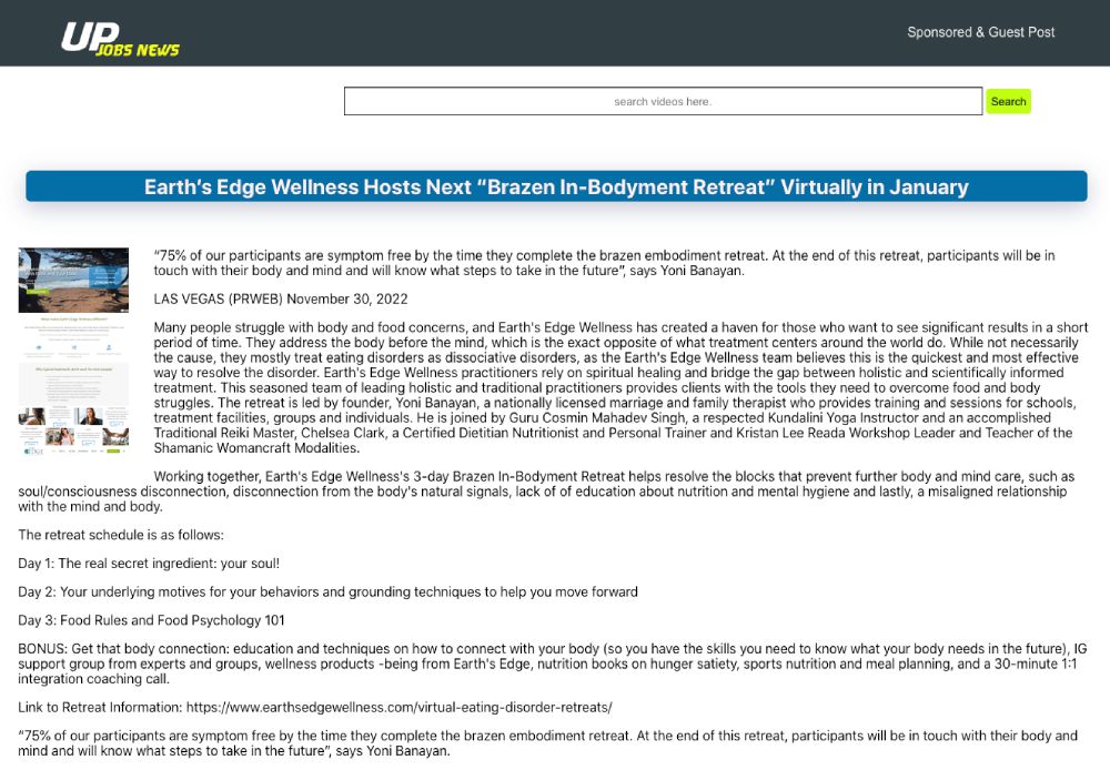 Screenshot of an article titled: Earth’s Edge Wellness Hosts Next “Brazen In-Bodyment Retreat” Virtually in January