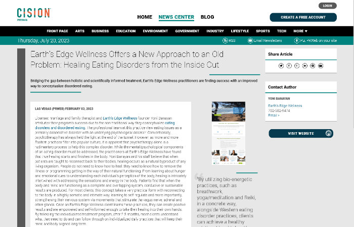 Screenshot of an article titled: Earth’s Edge Wellness Offers Virtual and Holistic Treatment for Eating Disorders